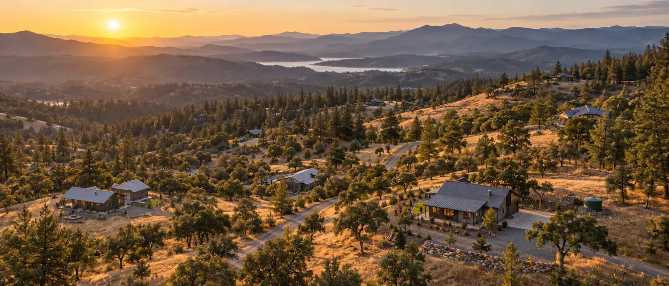 Aerial view of homes scattered among oak trees in the rolling Sierra foothills at golden hour