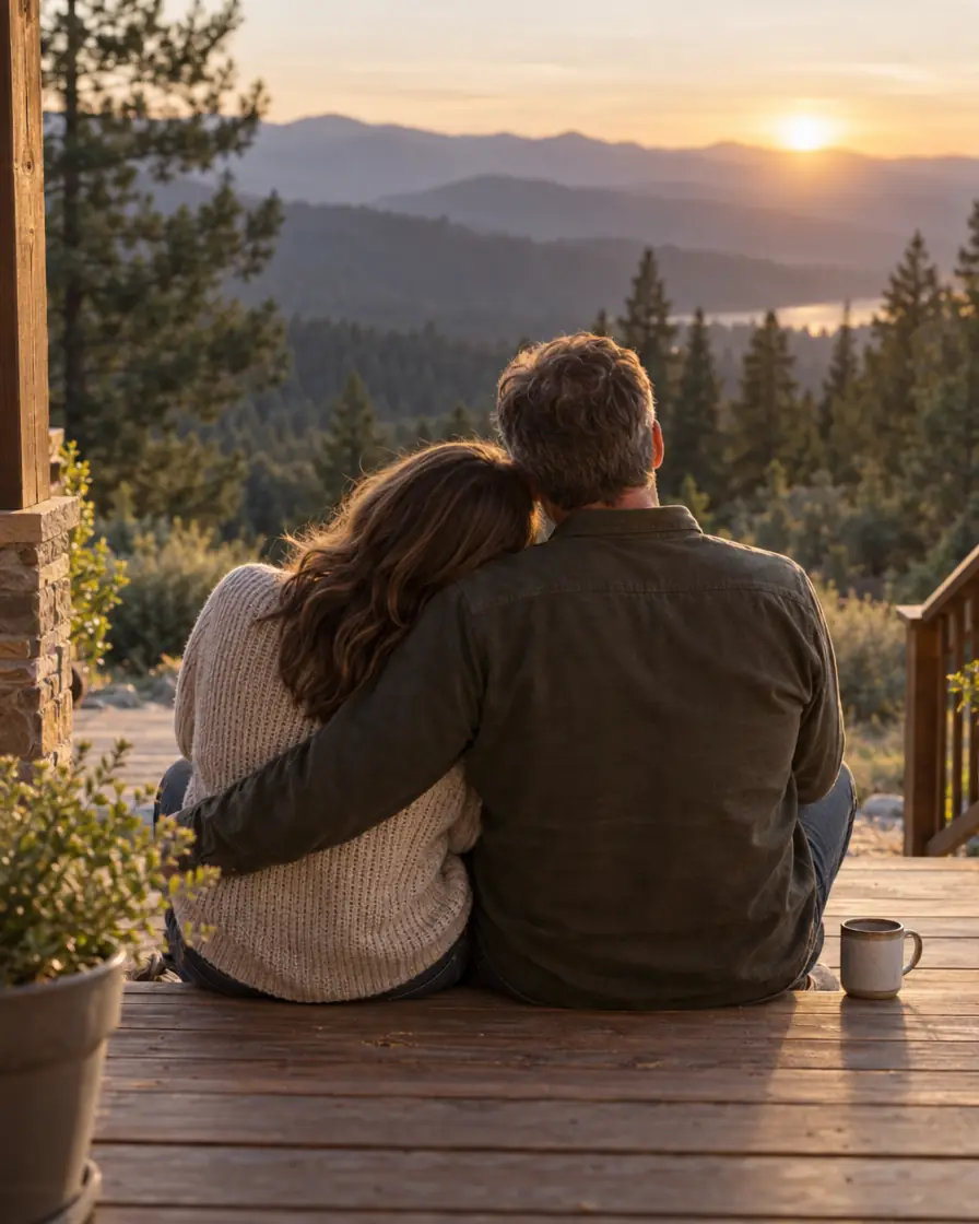 Couple seen from behind sitting on their porch steps, looking out over the foothills at sunset