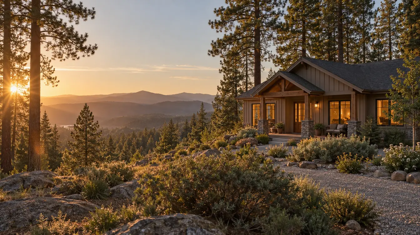 Craftsman home among tall pines in the Sierra foothills at golden hour