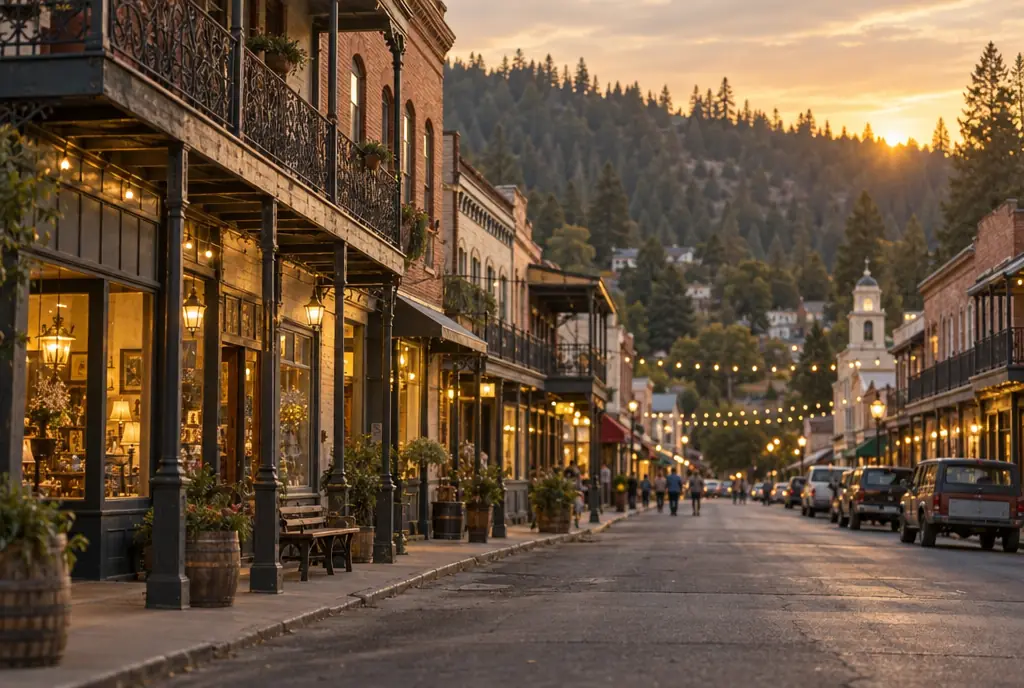 Historic Gold Country main street with brick storefronts glowing in late afternoon sun