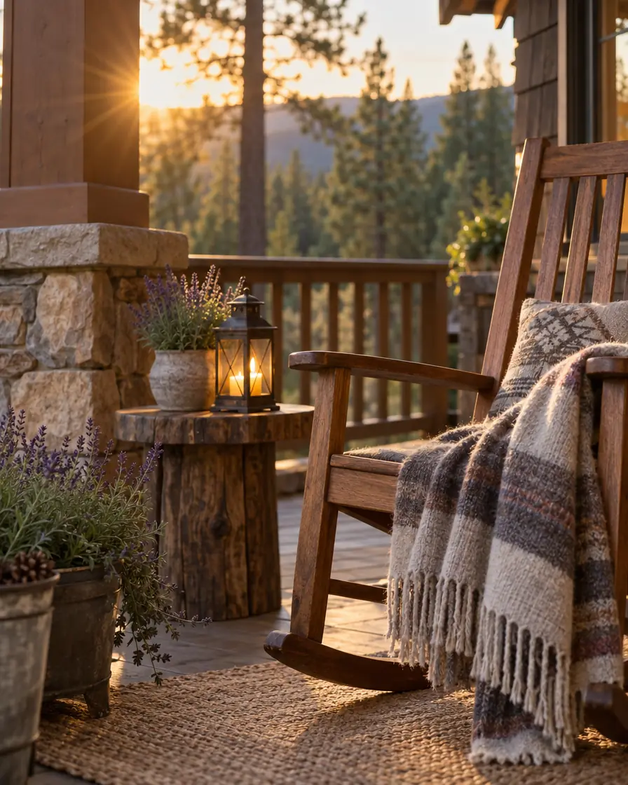 Rocking chair, lantern and folded blanket on a wooden porch in warm evening light