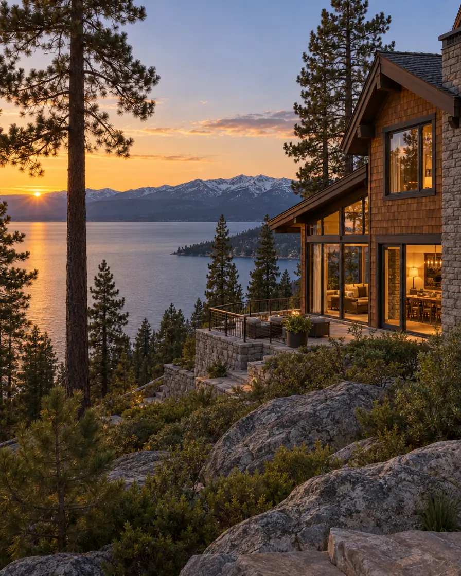 Mountain home among pines above Lake Tahoe in golden evening light